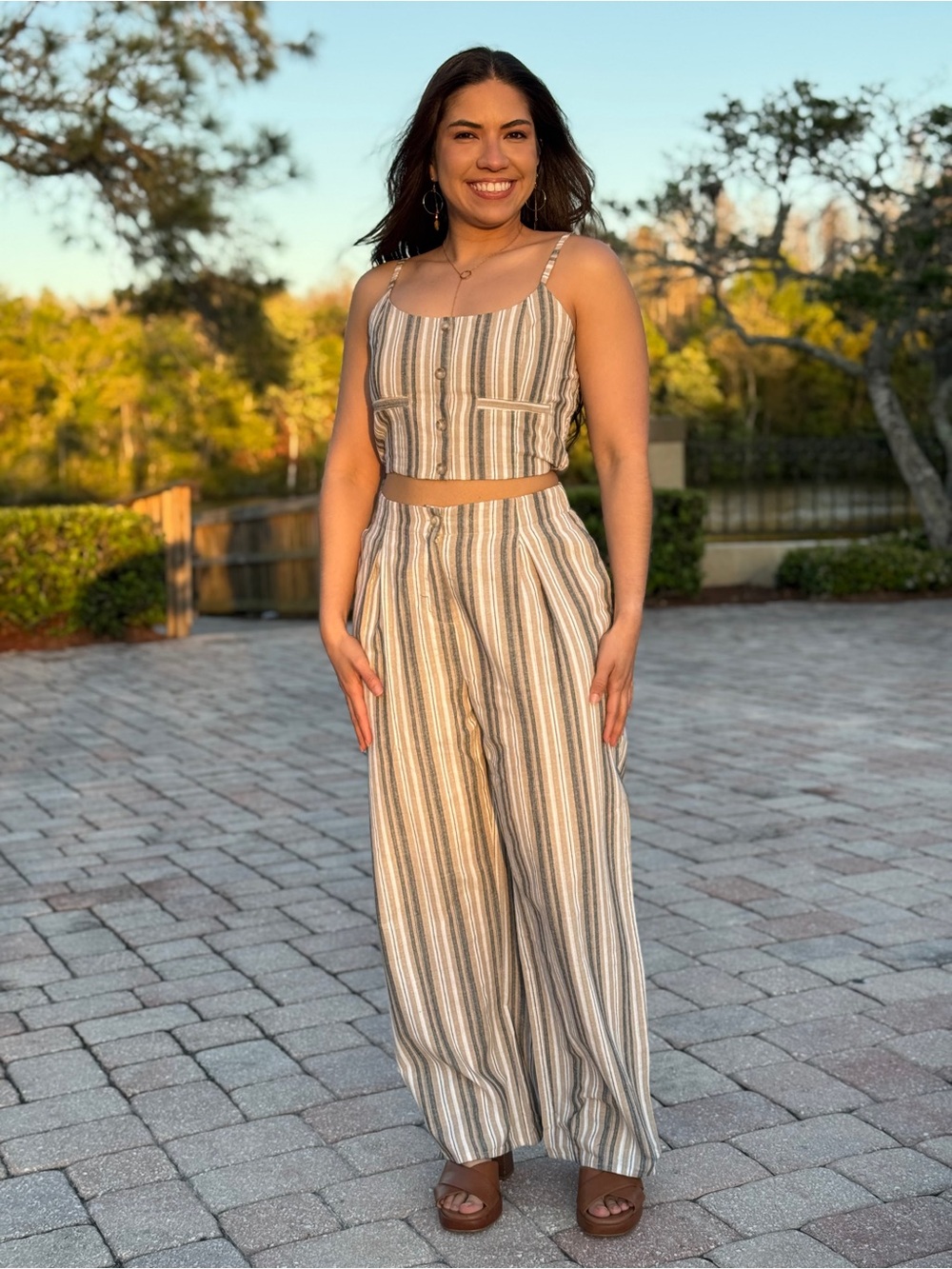 Striped Wide-Leg Linen Blend Pants - Beige/Gray
